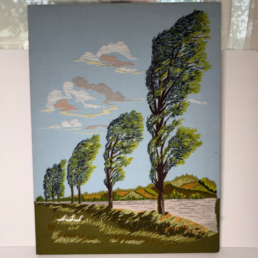 Vintage Paragon Embroidered Crewel Landscape 17x24 Blue Green Windy Trees Geese